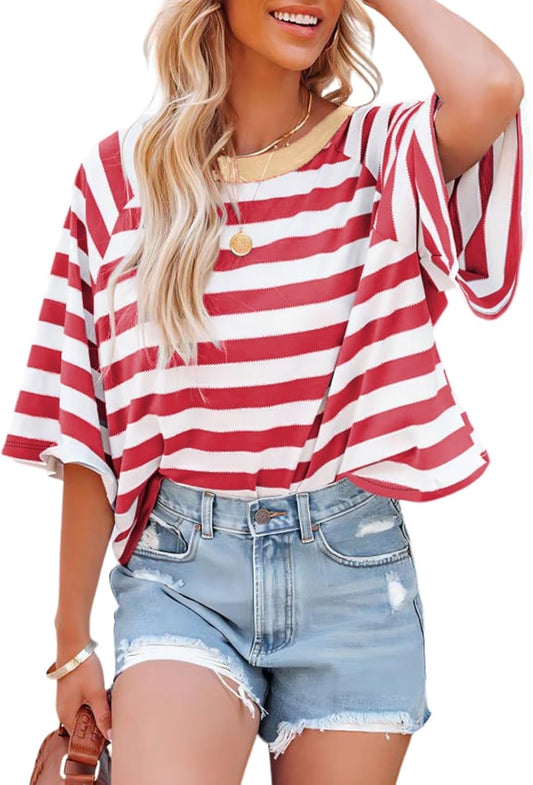 Women Striped 2025 Fashion T Shirts for Women Color Block Crewneck Design Loose Basic Tee